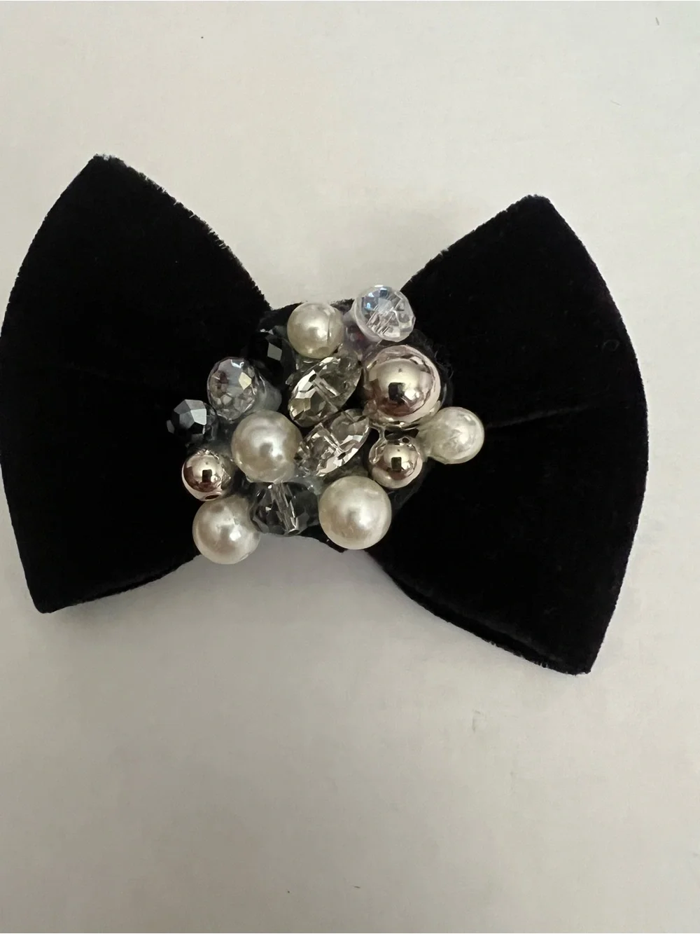 Black Velvet Bow Hair Clip with Pearl Cluster - Women Accessories 4”